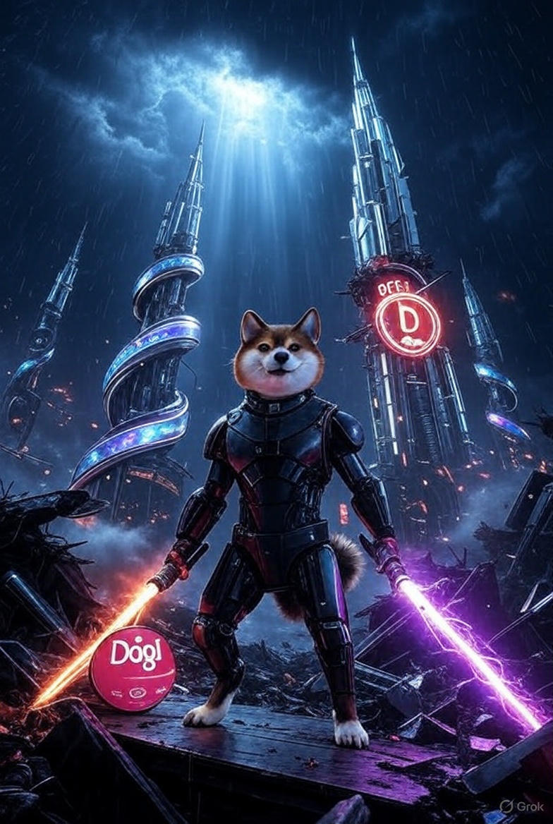 Doge-Prime with crimson and violet lightsabers